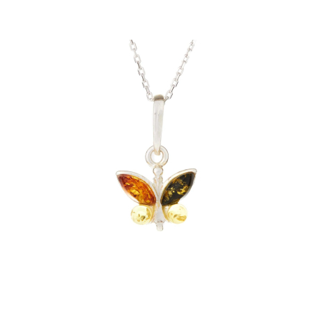 Butterfly pendant with multi-colored amber, in 925 rhodium silver, height 1+1 cm
