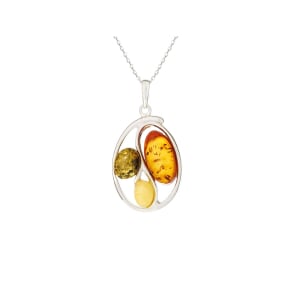 Pendentif avec ambre multicolore ovale, en argent rhodié 925, hauteur 2,8+1 cm