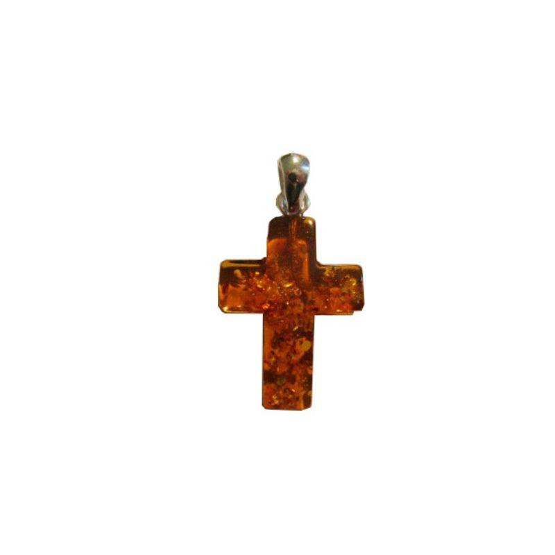 Kreuzanhänger mit natürlichem Cognac-Bernstein, aus 925er Silber, Höhe 1,5+0,6 cm