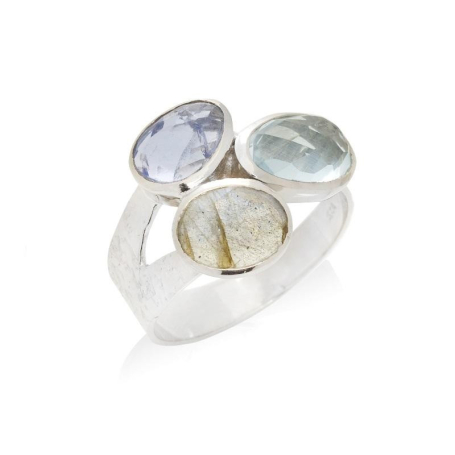 Anillo con piedras multicolores naturales, en plata 925 rodiada