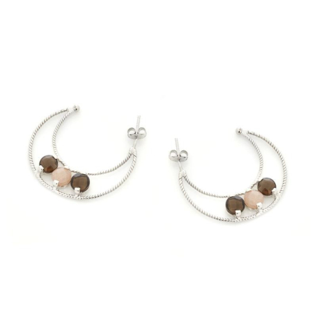 Boucles d'oreilles avec pierre de lune multicolore, en argent rhodié 925