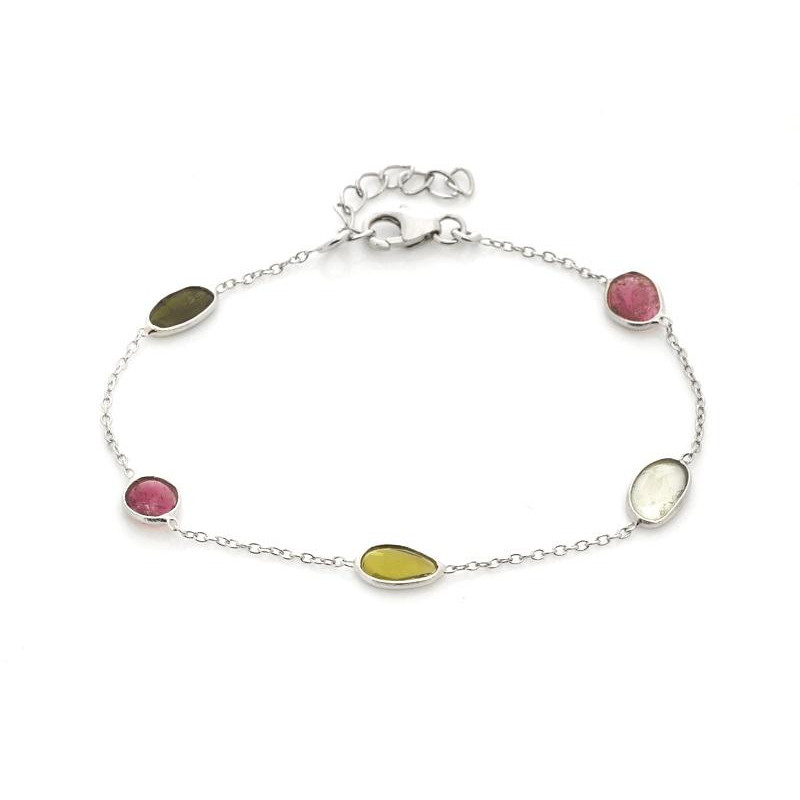 Bracelet with multi-colored tourmaline, in 925 rhodium silver, length 16+3 cm