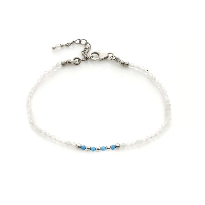 Bracelet avec pierre de lune et turquoise, argent rhodié 925, longueur 16+3 cm