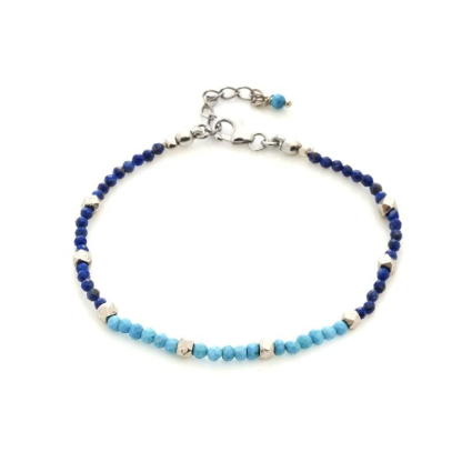 Bracelet avec saphir et turquoise, en argent rhodié 925, longueur 16+3 cm