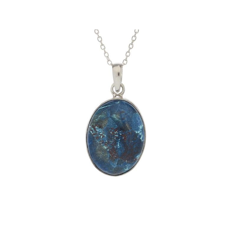 Ciondolo ovale con shattuckite blu, in argento 925 rodiato, altezza 2+0,8 cm