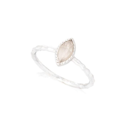 Ring with natural white moonstone navette, in rhodium silver 925