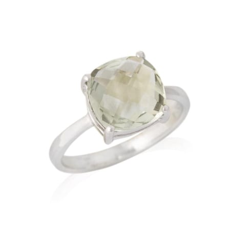 Anillo con amatista cojín verde natural, en plata 925 rodiada