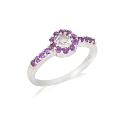 Ring with rock crystal and amethyst, in rhodium-plated silver 925