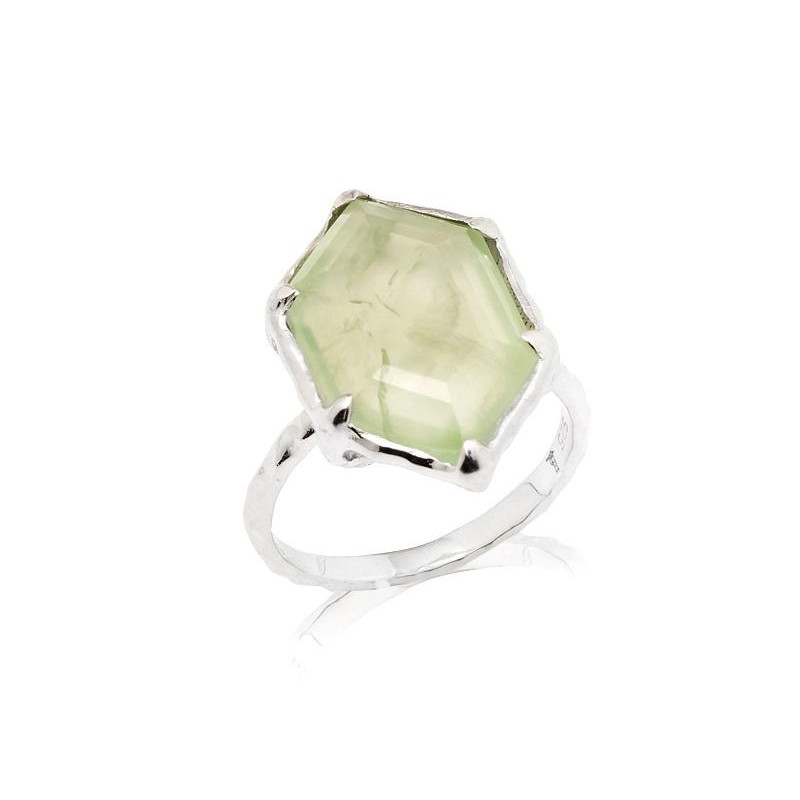 Ring with natural green prehnite, in 925 rhodium silver