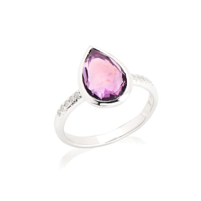 Anillo gota con amatista y óxido de circonio, en plata de rodio 925