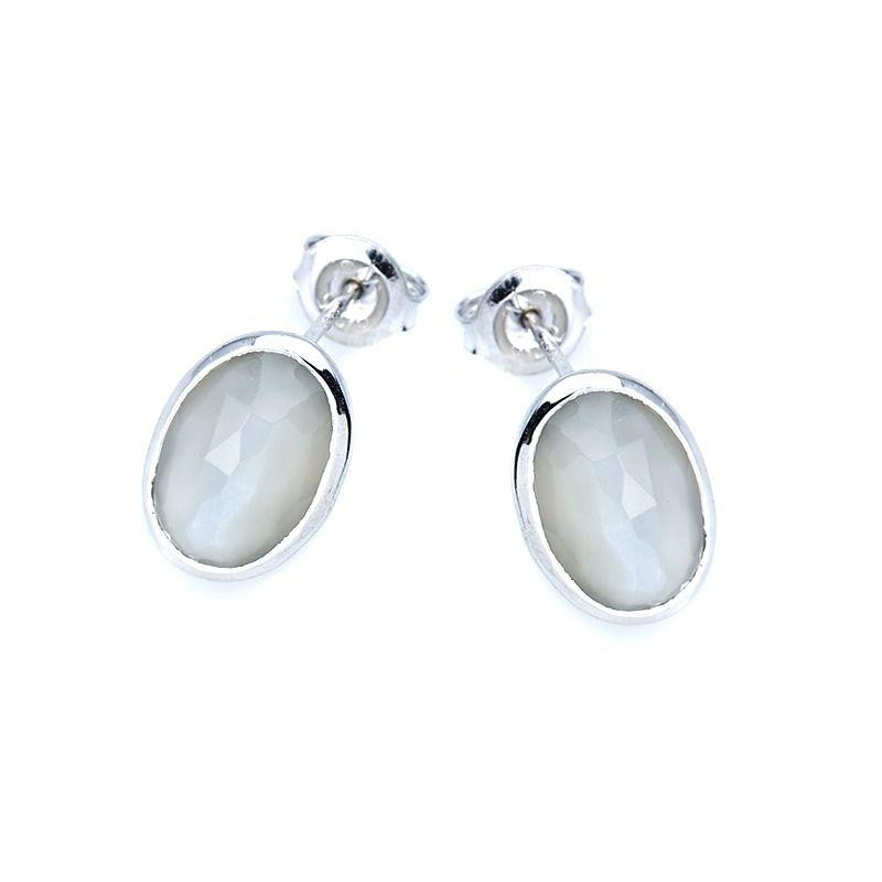 Clous d'oreilles avec pierre de lune blanche naturelle, en argent rhodié 925
