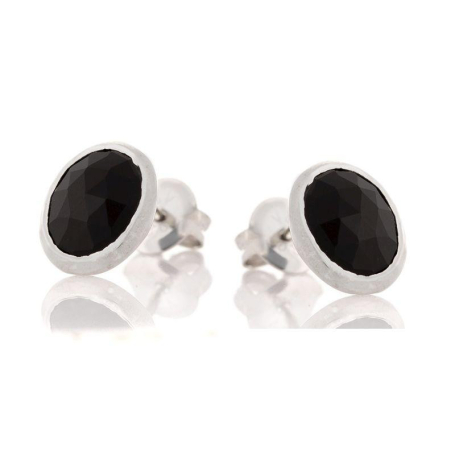 Boucles d'oreilles avec onyx noir naturel ovale, en argent rhodié 925