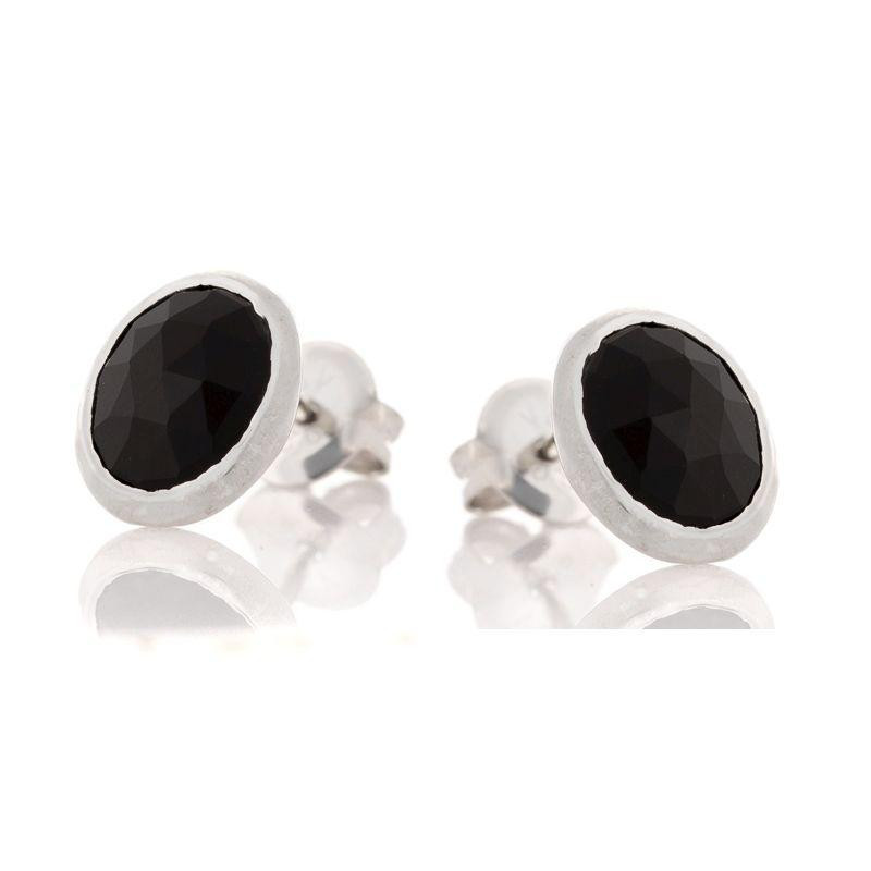 Earrings with natural oval black onyx, in 925 rhodium silver