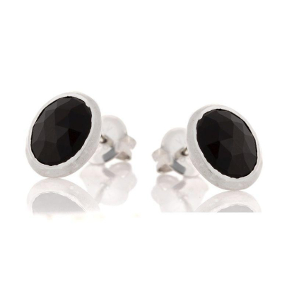 Boucles d'oreilles avec onyx noir naturel ovale, en argent rhodié 925