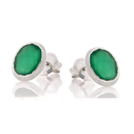 Boucles d'oreilles avec onyx vert naturel ovale, en argent rhodié 925