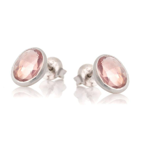 Boucles d'oreilles avec quartz rose naturel ovale, en argent rhodié 925
