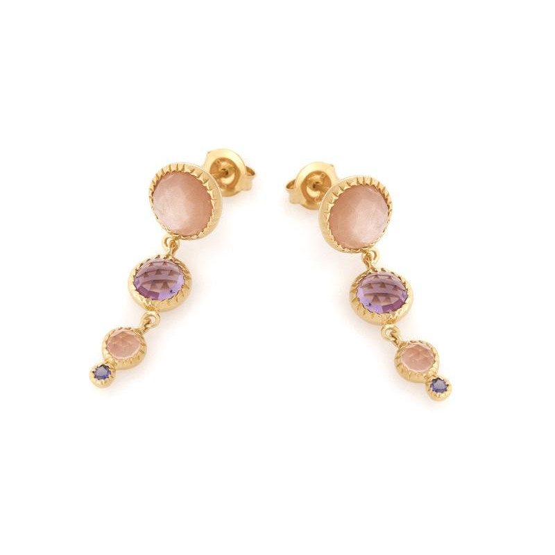Dangling earrings with multi-colored stones, in 925 gold plated silver