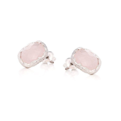 Clous d'oreilles avec quartz rose naturel, en argent rhodié 925