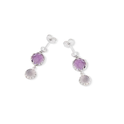 Earrings with round amethyst and chalcedony, in 925 rhodium silver