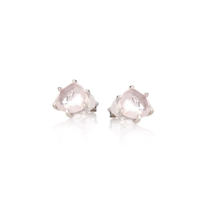 Heart stud earrings with natural rose quartz, in 925 rhodium silver