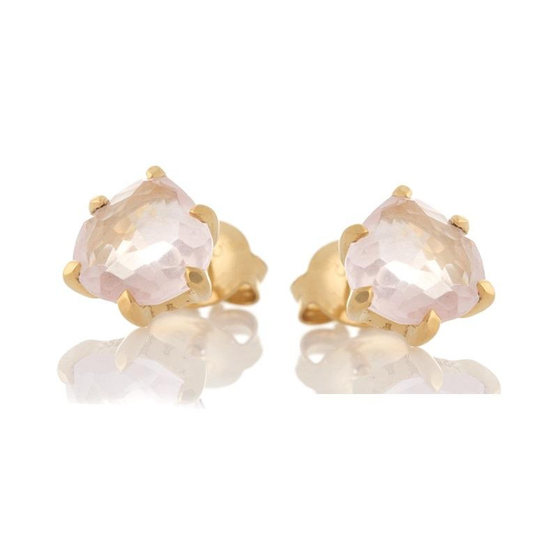 Brincos coração com quartzo rosa natural, em prata dourado 925