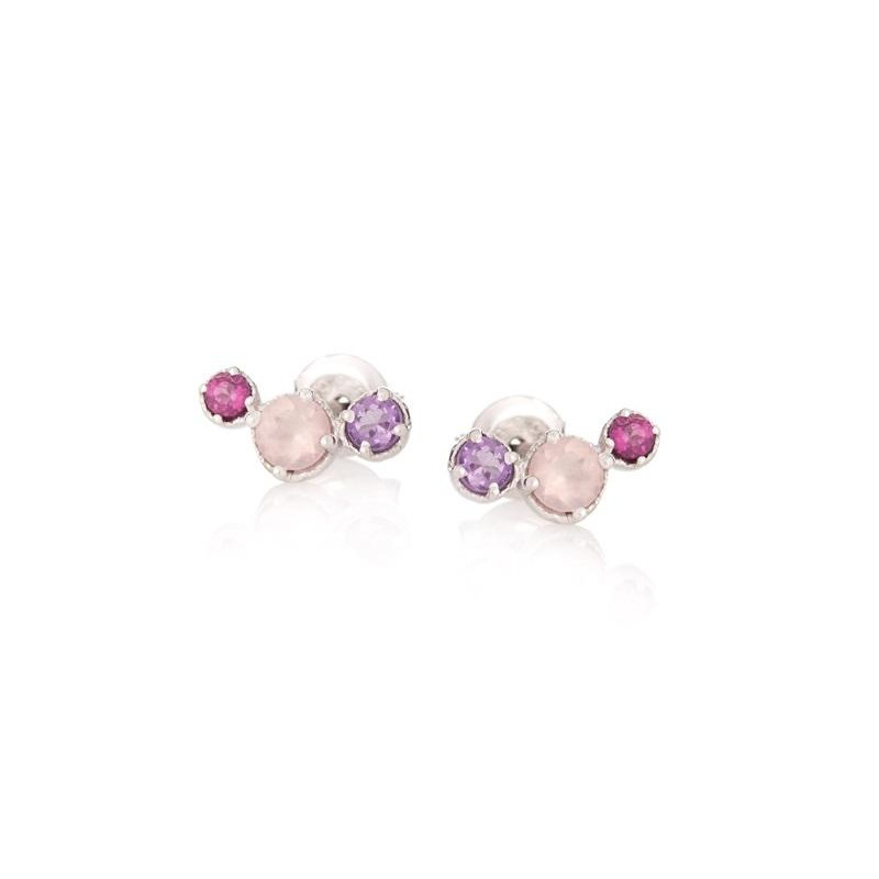 Clous d'oreilles avec multipierres multicolores ronde, en argent rhodié 925