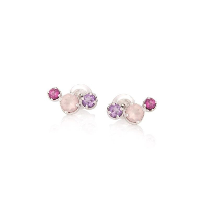 Clous d'oreilles avec multipierres multicolores ronde, en argent rhodié 925