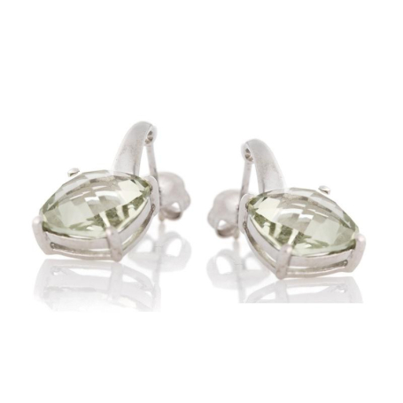 Earrings with natural green amethyst cushion, in 925 rhodium silver