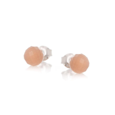 Boucles d'oreilles avec pierre de lune rose boule, en argent rhodié 925