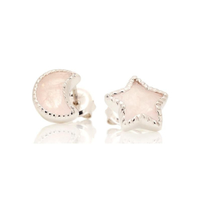 Orecchini a bottone stella e luna con stella di quarzo rosa naturale, argento rodiato