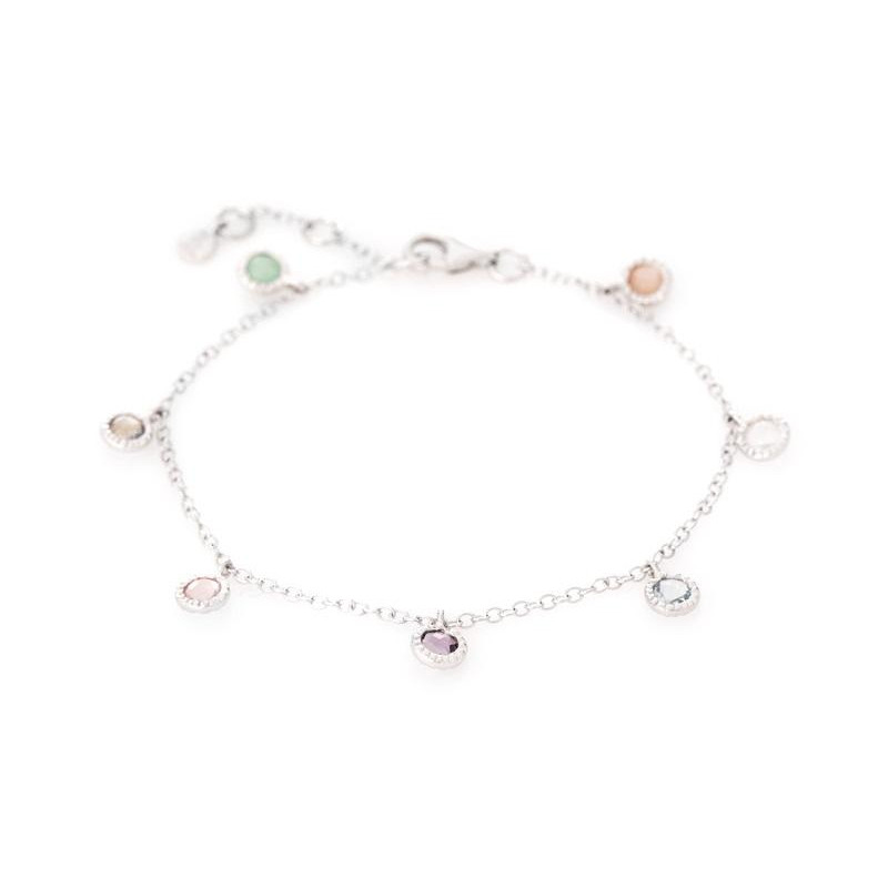 Bracciale con multipietre multicolori, in argento 925 rodiato, lunghezza 16+2 cm