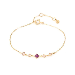 Bracelet avec grenat carré et quartz rose, en argent doré 925, longueur 15+3 cm