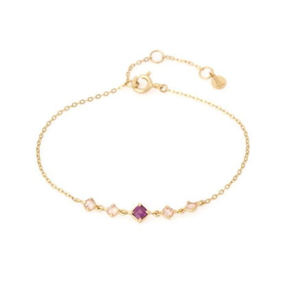 Bracelet avec grenat carré et quartz rose, en argent doré 925, longueur 15+3 cm