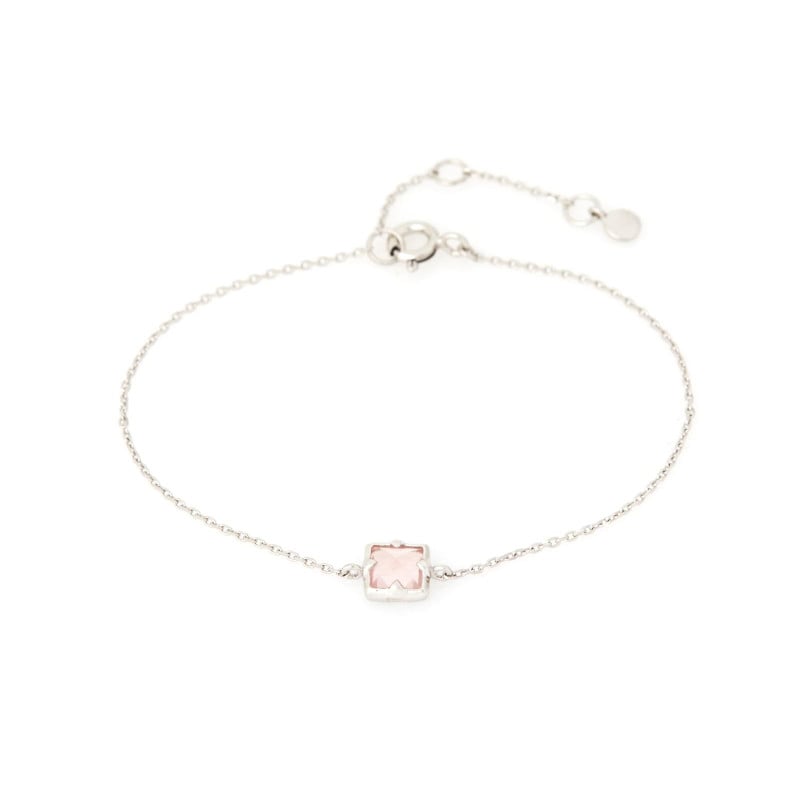 Bracelet avec quartz rose carré, en argent rhodié 925, longueur 15,5+3 cm