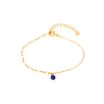 Bracelet with lapis lazuli ball and pearls, in 925 gold plated silver, length 15+3 cm