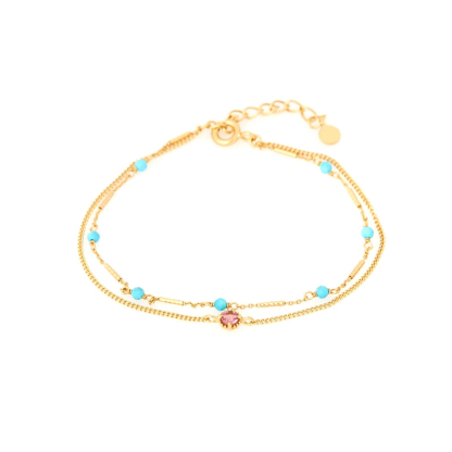 Pulsera con turquesa y turmalina, en plata dorado 925, longitud 15+3 cm