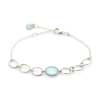 Pulseira com calcedónia oval azul, em prata 925 banhada a ródio, comprimento 15,5+3 cm