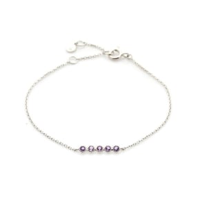 Pulseira com ametista roxa redonda, em prata 925 banhada a ródio, comprimento 15+3 cm