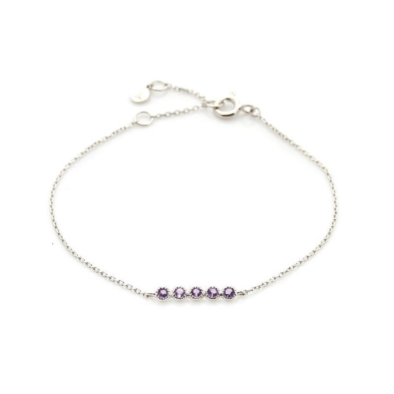 Bracelet avec améthyste violette ronde, en argent rhodié 925, longueur 15+3 cm