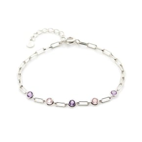 Pulseira com ametista e quartzo rosa, em prata 925 banhada a ródio, comprimento 15+3 cm