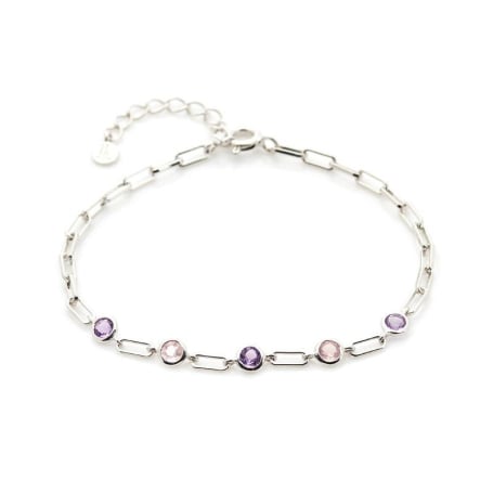 Armband met amethist en rozenkwarts, in 925 gerhodineerd zilver, lengte 15+3 cm