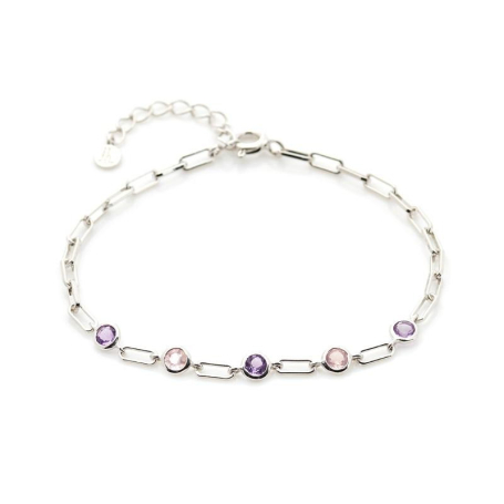 Pulsera con amatista y cuarzo rosa, en plata 925 rodiada, longitud 15+3 cm