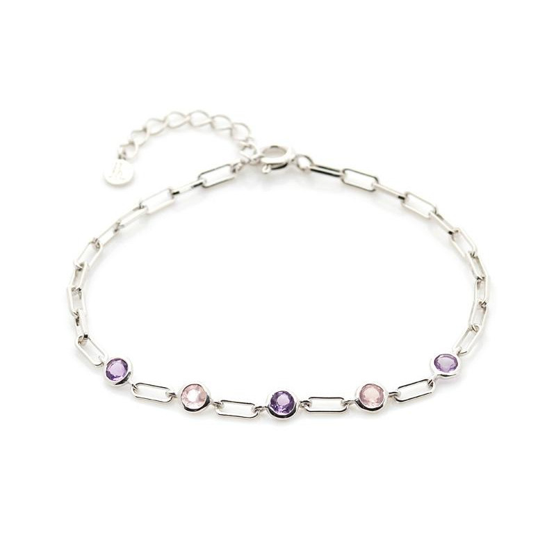 Armband met amethist en rozenkwarts, in 925 gerhodineerd zilver, lengte 15+3 cm