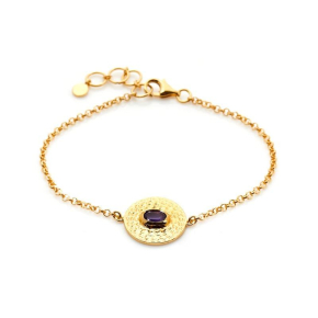 Pulsera con amatista violeta ovalada, en plata dorado 925, longitud 16+2 cm