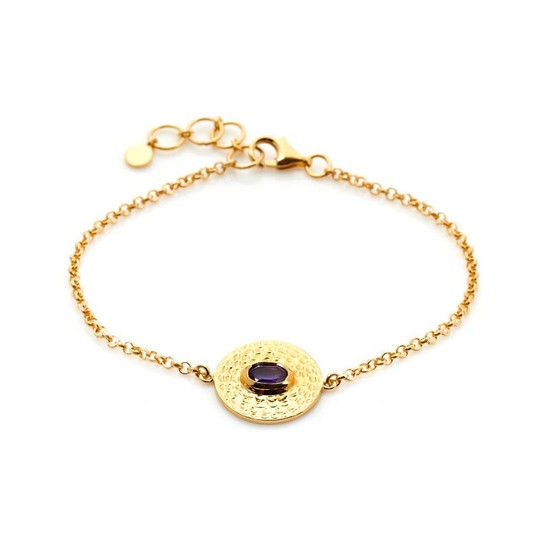 Oval mor ametist taşlı, 925 altın gümüş bileklik, uzunluk 16+2 cm