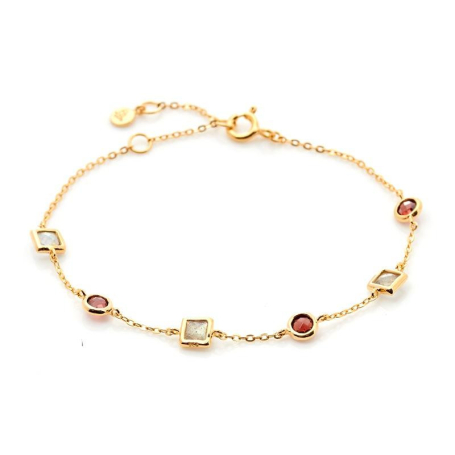 Pulsera con granate y labradorita, en plata dorado 925, longitud 15+3 cm