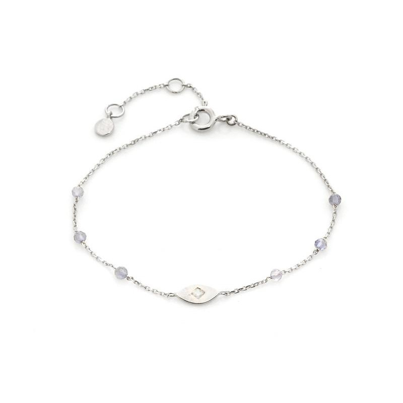 Pulsera con piedra de luna y lolita, en plata 925 rodiada, longitud 15,5+3 cm