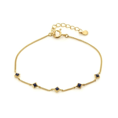 Bracelet avec lapis-lazuli bleu carré, en argent doré 925, longueur 15+3 cm