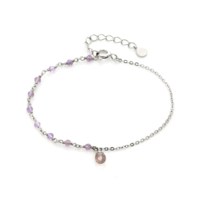 Bracelet avec améthyste et quartz rose, en argent rhodié 925, longueur 15+3 cm