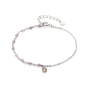 Pulseira com ametista e quartzo rosa, em prata 925 banhada a ródio, comprimento 15+3 cm